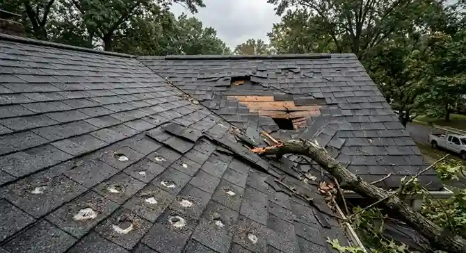 A local Arlington roofing contractor pointing out circular hail impact marks and tree branch puncture damage to an adjuster on an asphalt shingle roof.