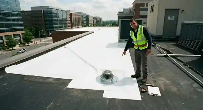 A roofing professional stands on a commercial roof pointing down at a newly installed, bright white TPO membrane section featuring a perfectly flashed and sealed new drain collar assembly.