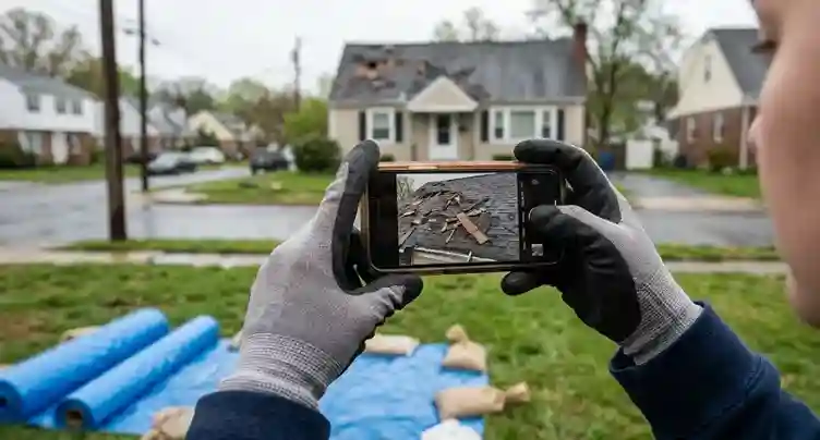 A homeowner using a smartphone to photograph missing asphalt shingles and wind damage on a brick house roof after a Northern Virginia storm.