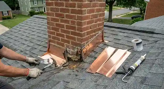Homeowner documenting roof repair damage for insurance claim in Arlington VA