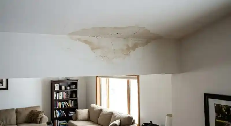 Residential living room ceiling showing authentic brown water stains and subtle moisture damage on drywall from a roof leak.