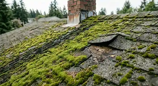 Extensive moss and algae damage on Arlington VA roof