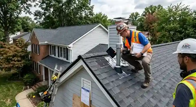 Building inspector conducting final roof replacement inspection in Arlington County VA