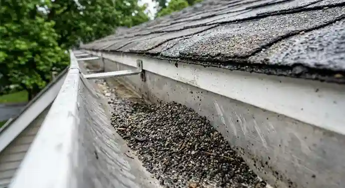 Asphalt shingle granules accumulating in gutter after hail damage in Arlington VA