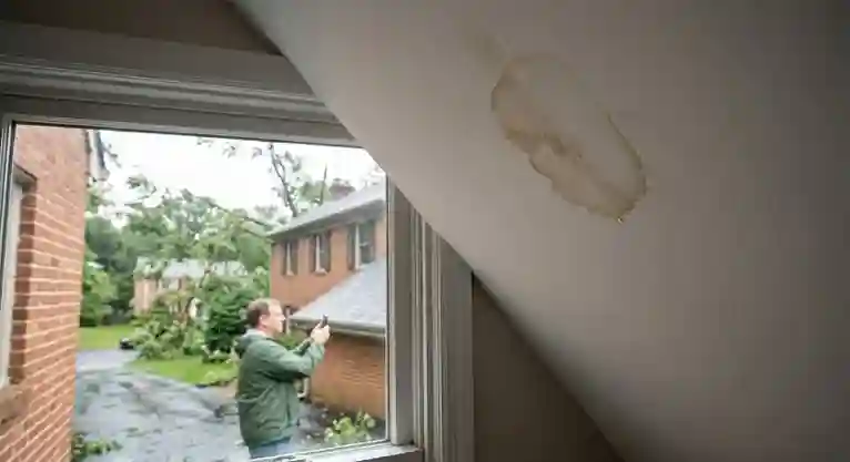 A prominent brown water leak stain spreading on a white drywall attic ceiling next to a window overlooking an Arlington neighborhood.