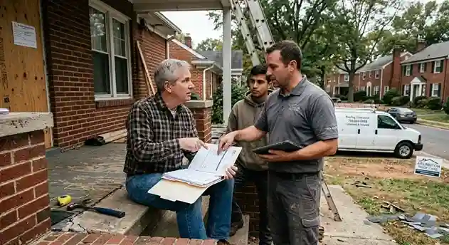 A male homeowner sitting on front porch steps reviewing written contract quotes with a roofing contractor supervisor and a crew member on-site in Arlington Virginia.