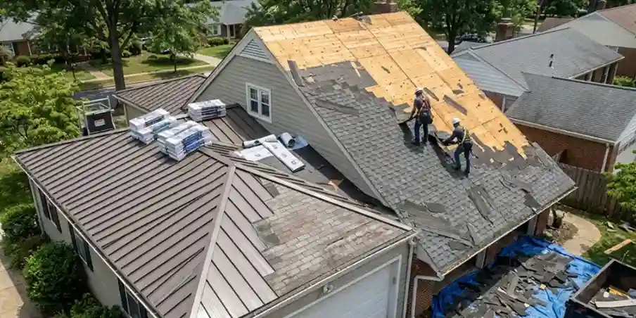 Roof tear-off in progress showing decking condition during replacement in Arlington VA
