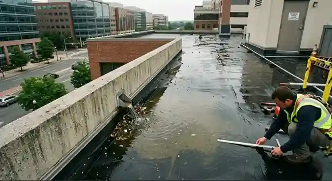 A roofing contractor crouches on a wet commercial flat roof, using a metal framing square and tape measure to check the slope near an overflowing, narrow wall scupper.