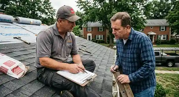 An experienced male roofer sitting on an asphalt shingle roof explaining a workmanship warranty clipboard to a homeowner standing on a ladder in Arlington.
