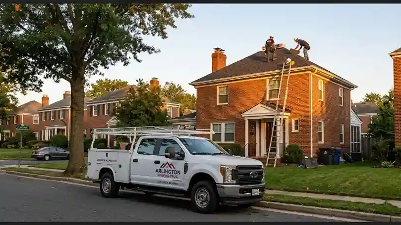 A white roofing service truck parked in front of a brick Arlington colonial home while a crew works on the roof in late afternoon sunlight.