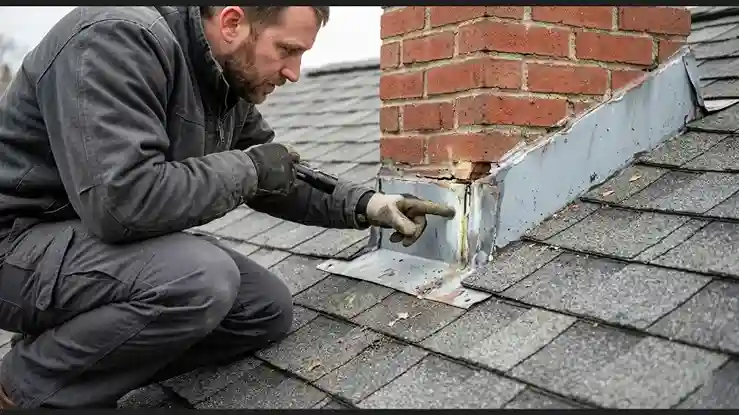 Close-up of a seasoned male roofing inspector using a flashlight to point out a critical crack and separation in the metal flashing joint surrounding a brick chimney.