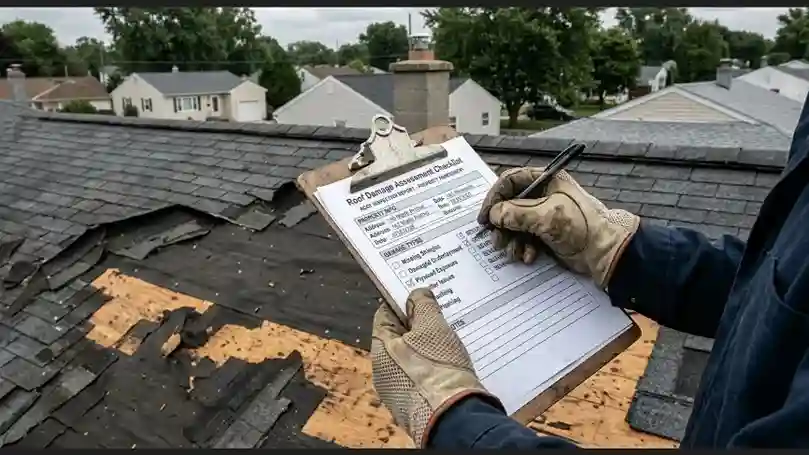 Close-up of a contractor's gloved hands filling out a Roof Damage Assessment Checklist on a clipboard on a damaged roof.