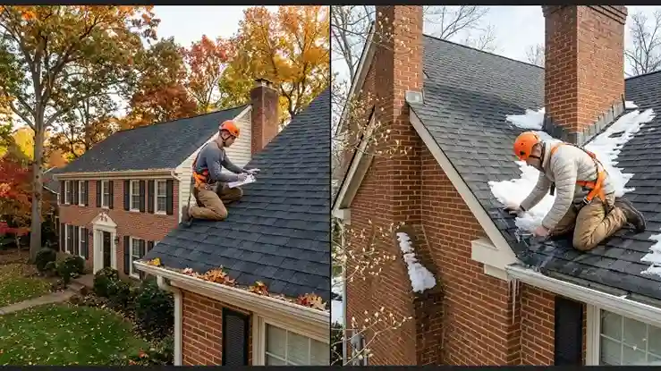 A split-screen image showing a male roofing contractor checking an asphalt roof during a vibrant Virginia autumn on the left, and assessing eave edges for spring ice dam damage next to melting snow on the right.