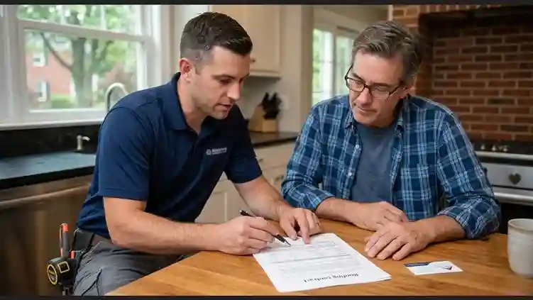 Homeowner and roofing contractor review a detailed printed contract, pointing to specific price sections.