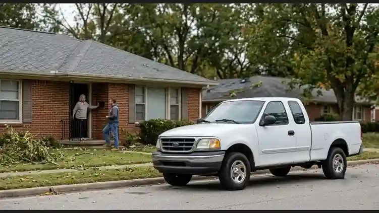 Man in casual clothes from an unmarked white pickup speaking to uncertain homeowner about storm damage.