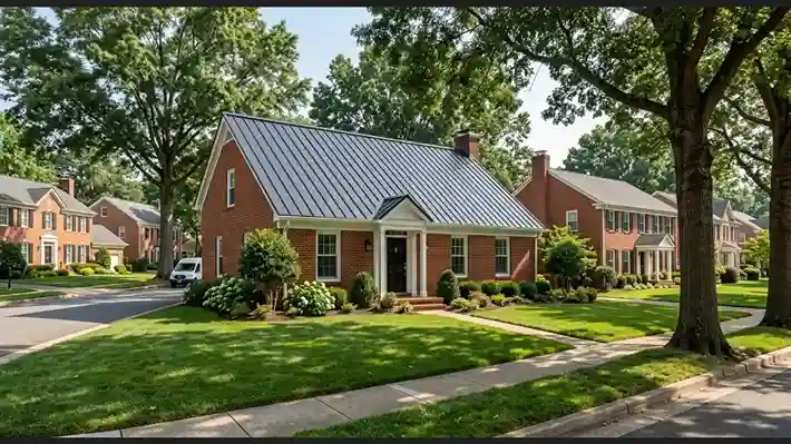 A well-maintained historic brick colonial home in Ashton Heights, Arlington, VA, featuring a new dark charcoal standing seam metal roof.