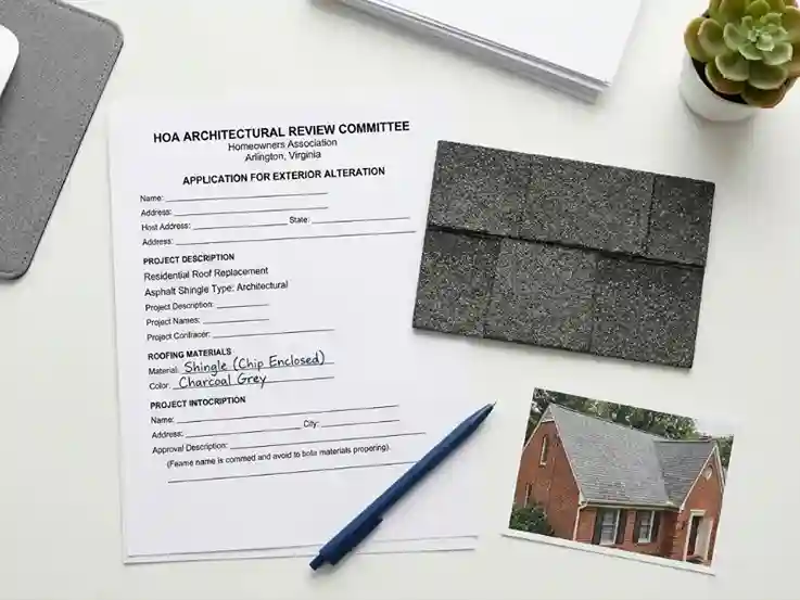 A flat-lay photo on a white desk showing an HOA architectural review application form next to a charcoal grey shingle color sample, a pen, and a photo of a residential roofline.