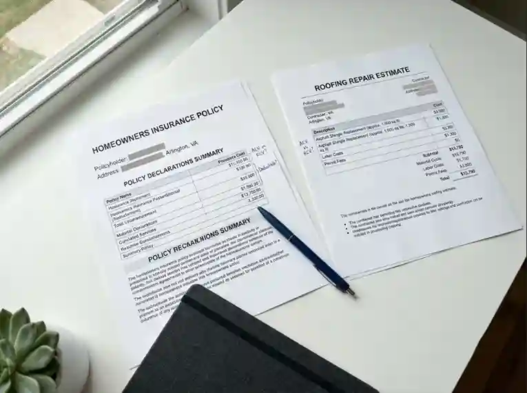 Minimal flat-lay view of a homeowners insurance policy declaration document alongside a printed professional roofing repair estimate and a pen on a clean white desk.