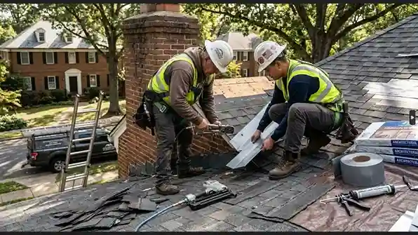 Two male roofers wearing safety harnesses and high-visibility vests install bright metal valley flashing on a steep-pitched residential brick home in Northern Virginia.