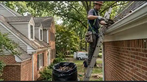 A contractor on an extension ladder scoops debris out of a residential gutter system into a collection bag outside a brick colonial home with large trees.