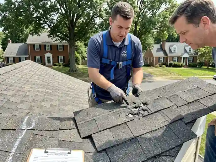 Close up photo of a professional roofing contractor wearing a safety harness pointing out visible hail impact marks on an asphalt shingle roof during a residential roof inspection in Arlington, VA.