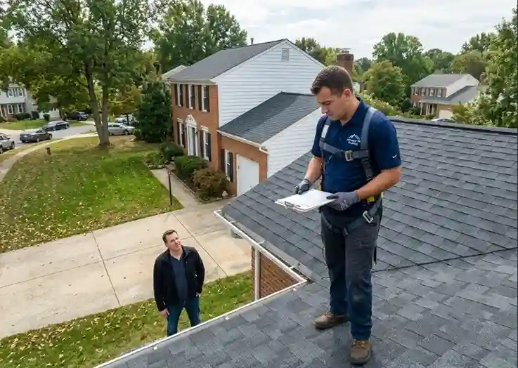 A roofing contractor on a newly installed roof reviewing paperwork while talking to a homeowner standing on the driveway below in a suburban neighborhood.